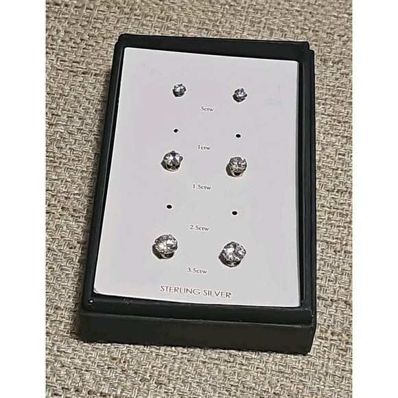 STERLING SILVER CUBIC ZIRCONIA CZ STUD EARRINGS SET Of 3 With BOX - Picture 1 of 8